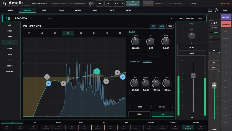 Amelis EQ page with a dynamic presence band over a live spectrum