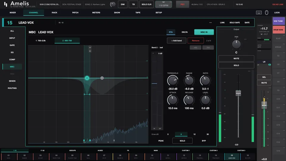 Amelis multiband compressor with two bands over a live spectrum