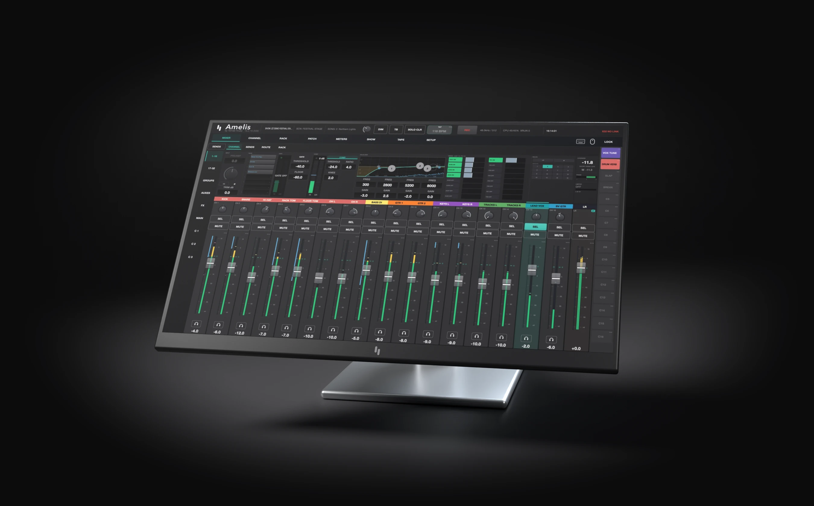 Amelis mixer with 16 named channels, live meters and the lead vocal's gate, compressor and EQ across the top